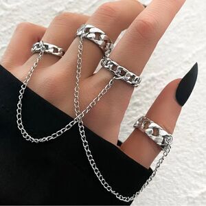 Silver chain rings, four finger stacking attached, tassel, chain rings.